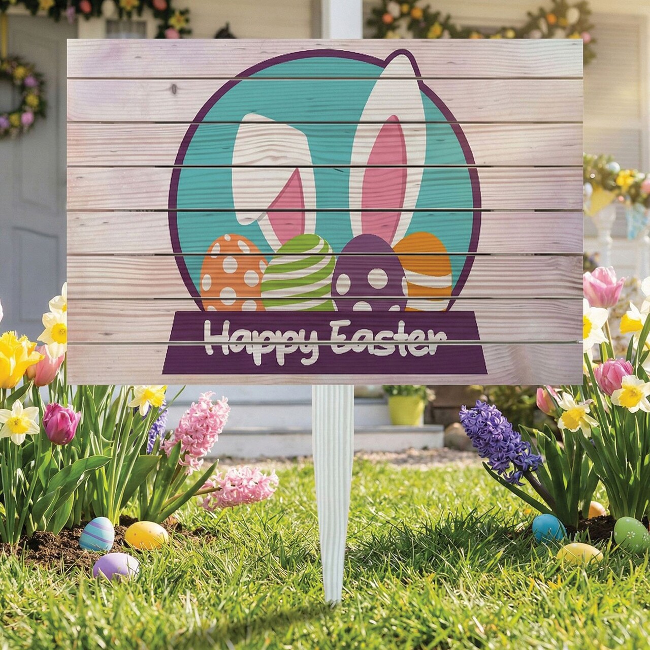 Semn de curte, Happy Easter Badge, 58x38 cm, Multicolor - imagine 5